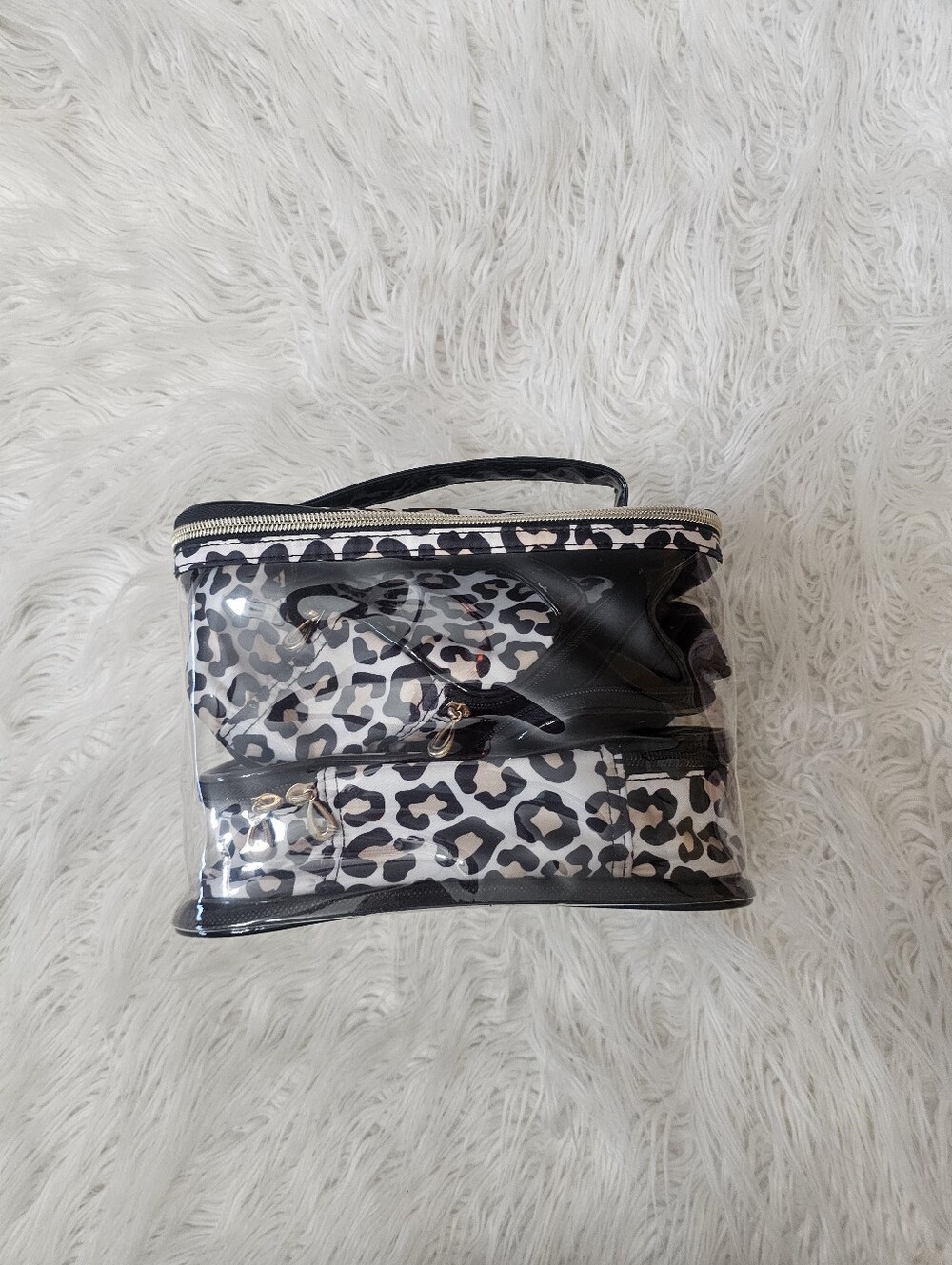 Clear Travel Cosmetic Bag with Black and White Leopard Print Insert